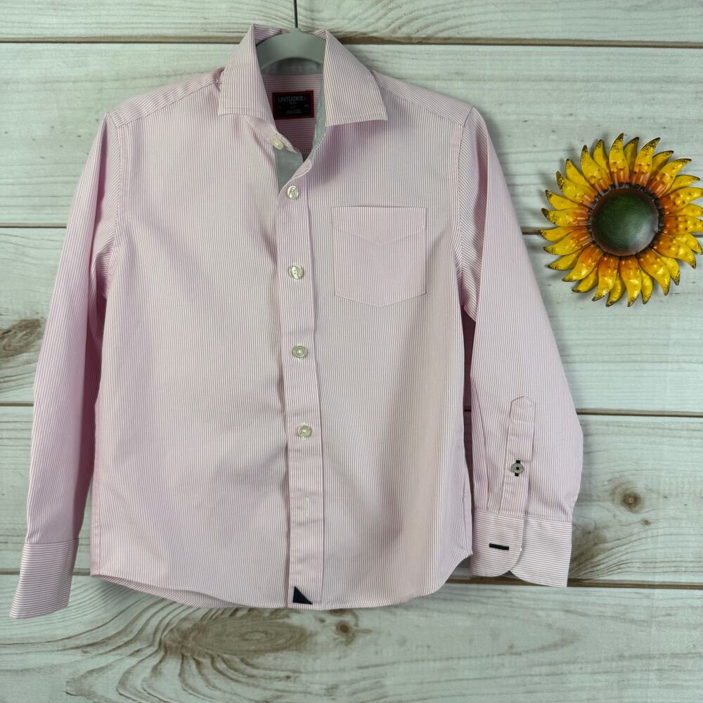 UNTUCKIT Boys Pink White Stripe‎ Long Sleeve Button Down Shirt Size 6-7